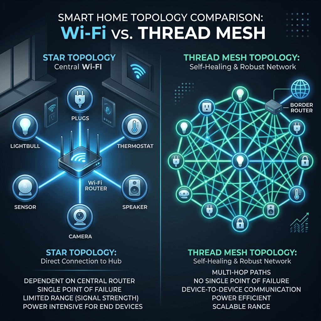 Wi-Fi 星形拓扑与 Thread 网状网络拓扑对比 Wi-Fi星形拓扑与Thread网状网络拓扑对比